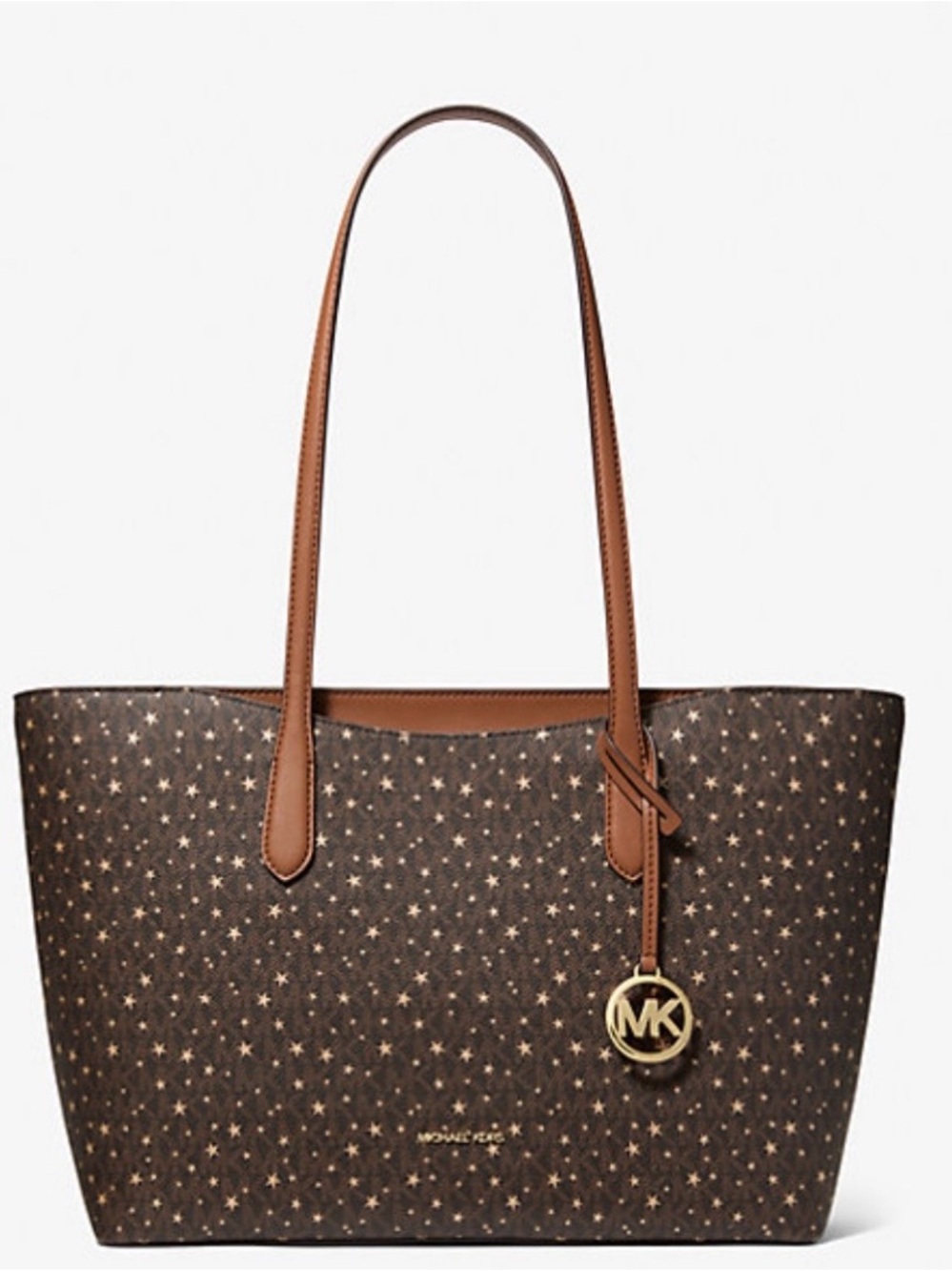 NWT Michael Kors Arden Brown Star-Print Logo Tote with Tan Trim